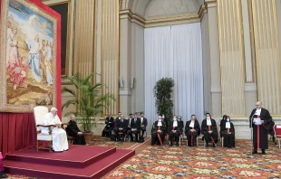 Alessandro Diddi addresses Pope Francis during the opening of the Vatican City State court's 93rd judicial year on March 12, 2022. Vatican Media.