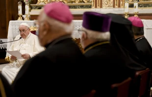 Pope Francis meets with clerics, religious, consecrated persons, seminarians, and catechists at the Cathedral Basilica of St. Dionysius the Areopagite in Athens, Dec. 4, 2021. Vatican Media