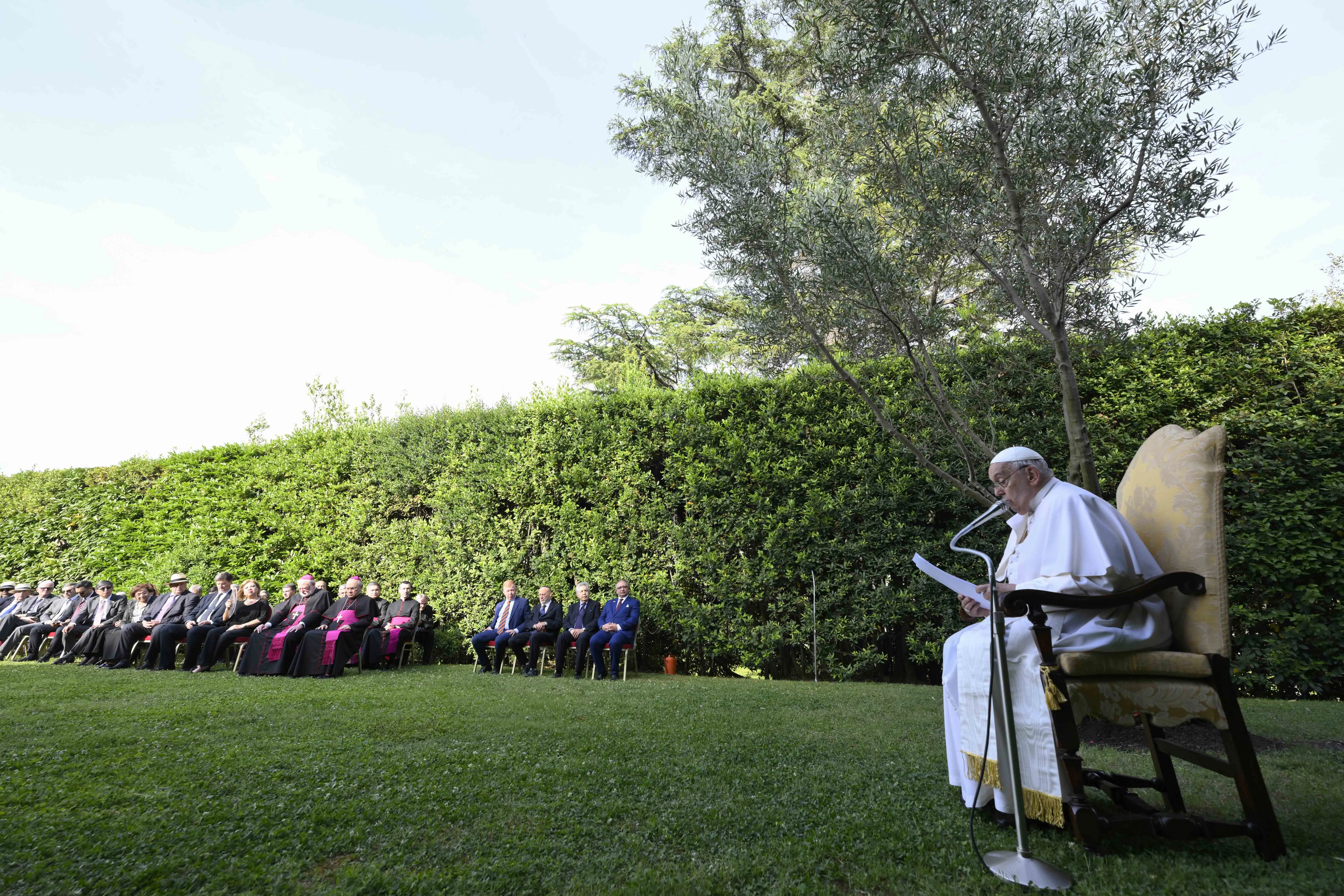 Pope Francis said he prays every day for an end to the war in Israel and Palestine during a prayer service June 7, 2024, in the Vatican Gardens, commemorating 10 years since the symbolic planting of an olive tree in the presence of the presidents of Israel and Palestine in 2014.?w=200&h=150