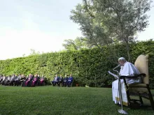 Pope Francis said he prays every day for an end to the war in Israel and Palestine during a prayer service June 7, 2024, in the Vatican Gardens, commemorating 10 years since the symbolic planting of an olive tree in the presence of the presidents of Israel and Palestine in 2014.