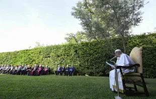 Pope Francis said he prays every day for an end to the war in Israel and Palestine during a prayer service June 7, 2024, in the Vatican Gardens, commemorating 10 years since the symbolic planting of an olive tree in the presence of the presidents of Israel and Palestine in 2014. Credit: Vatican Media.