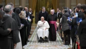 Pope Francis greets participants in the International Congress on the future of Theology promoted by the Dicastery for Culture and Education, Dec. 9, 2024.