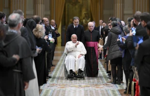 Pope Francis greets participants in the International Congress on the future of Theology promoted by the Dicastery for Culture and Education, Dec. 9, 2024. Credit: Vatican Media