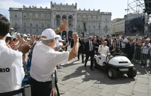 Pope Francis travels between the conference center and Unità d’Italia Square in Trieste, Italy, with a golf cart during his pastoral visit to the northern Italian city on July 7, 2024. In Trieste, the pope addressed around 1,200 participants in a Catholic conference on democracy for the annual Social Week of Catholics. Credit: Vatican Media