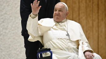 Pope Francis greets pilgrims from his wheelchair during the Saturday jubilee audience in the Vatican’s audience hall on Jan. 11, 2025.