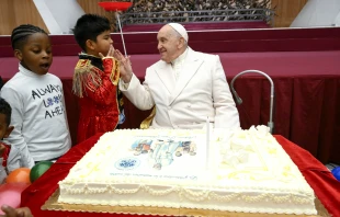 Pope Francis celebrates his birthday on Dec. 17, 2023, with children and families who are assisted by the Vatican’s Santa Marta Pediatric Dispensary. Credit: Vatican Media