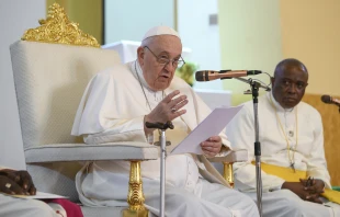 Pope Francis met with bishops, priests, and religious in St. Theresa Cathedral in Juba, South Sudan, on Feb. 4, 2023. Vatican Media