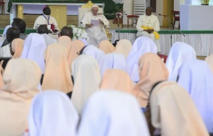 Pope Francis met with bishops, priests, and religious in St. Theresa Cathedral in Juba, South Sudan, on Feb. 4, 2023. Vatican Media