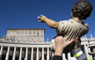 A member of the crowd in St. Peter's Square holds up a baby Jesus figure for a blessing by Pope Francis at his Sunday Angelus Dec. 17, 2023. Credit: Vatican Media