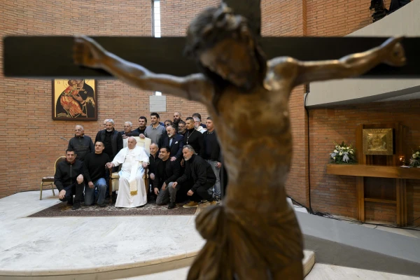 Pope Francis poses with inmates at Rome’s Rebibbia Prison Complex on the feast of St. Stephen, Thursday, Dec. 26, 2024. Credit: Vatican Media