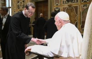 Pope Francis met with seminarians, staff, and faculty of the Ponitifical North American College in the Vatican's Apostolic Palace on Jan. 14, 2023. Vatican Media