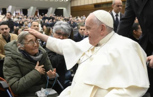 Pope Francis greets pilgrims at his general audience in Paul VI Hall on Feb. 15, 2023. Vatican Media