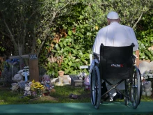 Pope Francis prays at the “Garden of Angels” section of the Laurentino Cemetery in Rome on All Souls’ Day, Nov. 2, 2024.