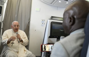 Pope Francis speaks to journalists on Feb. 5, 2023, during his flight back to Rome after his visit to the Democratic Republic of Congo and South Sudan. Vatican Media