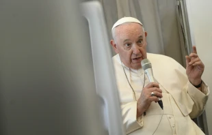 Pope Francis speaks to the media on Feb. 5, 2023, during his return flight to Rome from his visit to the Democratic Republic of Congo and South Sudan. Vatican Media