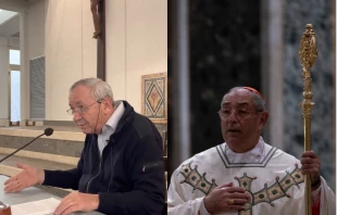 [L] A screenshot of Father Marko Rupnik giving a talk in February 2022 and [R] Cardinal Angelo De Donatis in 2021. Credit: [L] Youtube account of the Diocese of Rome and [R] Daniel Ibanez/CNA