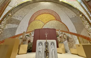 The Knights of Columbus used a paper cover to temporarily cloak artwork created by Father Marko Rupnik at the St. John Paul II National Shrine in Washington, D.C., on Tuesday, July 23, 2024. Credit: Christina Herrera/EWTN News