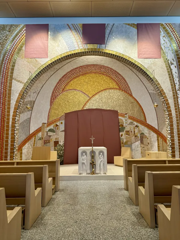 The Knights of Columbus used a paper cover to temporarily cloak artwork created by Father Marko Rupnik in the Luminous Mysteries Chapel at the St. John Paul II National Shrine in Washington, D.C., on Tuesday, July 23, 2024. Credit: Christina Herrera/EWTN News