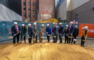 Officials break ground at a 19-story affordable housing project in downtown Boston on Tuesday, Sept. 24, 2024. Credit: Andy Ryan