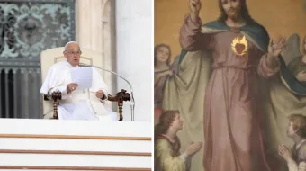 Pope Francis speaks at the general audience in St. Peter's Square on May 22, 2024. An altar painting of the Sacred Heart of Jesus by Francesco de Rhoden inside the Basilica of the Sacred Heart of Jesus in Rome, Italy.