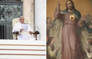 Pope Francis speaks at the general audience in St. Peter's Square on May 22, 2024. An altar painting of the Sacred Heart of Jesus by Francesco de Rhoden inside the Basilica of the Sacred Heart of Jesus in Rome, Italy. Credit: Daniel Ibanez/CNA. [L] CNA file photo [R]