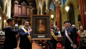 Knights of Columbus process with the new Knights of Columbus Sacred Heart Pilgrim Icon during a Mass and Sacred Heart Holy Hour at St. Mary Church in New Haven, Connecticut, Jan. 3, 2025.