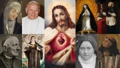 Top, left to right: St. Catherine of Siena, St. John Paul II, Sacred Heart of Jesus, St. Margaret Mary Alacoque, St. Francis de Sales. Bottom, left to right: St. John Henry Newman, St. Gertrude of Helfta, St. Thérèse of Lisieux, and St. Thomas Aquinas.