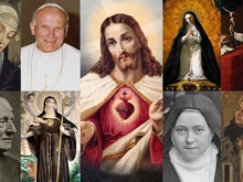 Top, left to right: St. Catherine of Siena, St. John Paul II, Sacred Heart of Jesus, St. Margaret Mary Alacoque, St. Francis de Sales. Bottom, left to right: St. John Henry Newman, St. Gertrude of Helfta, St. Thérèse of Lisieux, and St. Thomas Aquinas.