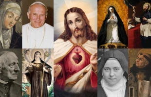 Top, left to right: St. Catherine of Siena, St. John Paul II, Sacred Heart of Jesus, St. Margaret Mary Alacoque, St. Francis de Sales. Bottom, left to right: St. John Henry Newman, St. Gertrude of Helfta, St. Thérèse of Lisieux, and St. Thomas Aquinas. Credit: Brooklyn Museum, Public domain, via Wikimedia Commons; Gov.pl, CC BY 3.0 PL, via Wikimedia Commons; Leiloeira São Domingos, Public domain, via Wikimedia Commons; Corrado Giaquinto, Public domain, via Wikimedia Commons; Giovanni Battista Lucini, Public domain, via Wikimedia Commons; Herbert Rose Barraud, Public domain, via Wikimedia Commons; Public domain via Wikimedia Commons; Céline Martin, CC0, via Wikimedia Commons; Carlo Crivelli, Public domain, via Wikimedia Commons