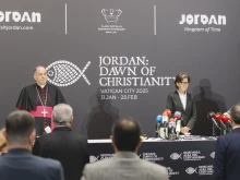 The papal ambassador to Jordan, Archbishop Giovanni Pietro Dal Toso, and Jordanian Minister of Tourism and Antiquities Lina Annab speak at a press conference in Amman, Jordan, about the new exhibit “Jordan: Dawn of Christianity,” which will open at the Vatican on Jan. 31, 2025.