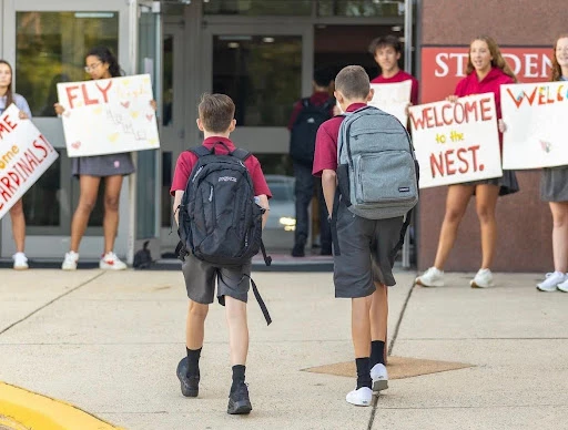 Bishop Ireton High School upperclassmen welcome freshman students on their first day of school for the 2024-2025 phone-free school year.?w=200&h=150