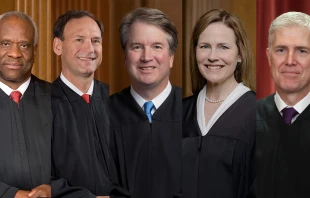 Left to right, Supreme Court associate justices Clarence Thomas, Samuel A. Alito Jr., Brett M. Kavanaugh, Amy Coney Barrett, and Neil M. Gorsuch. Courtesy of Supreme Court