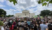 The scene outside the U.S. Supreme Court in Washington, D.C., after the court released its decision in the Dobbs abortion case on June 24, 2022. Pro-abortion demonstrators gradually made up a decided majority of the crowd as the day wore on.