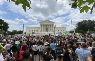 The scene outside the U.S. Supreme Court in Washington, D.C., after the court released its decision in the Dobbs abortion case on June 24, 2022. Pro-abortion demonstrators gradually made up a decided majority of the crowd as the day wore on. Credit: Katie Yoder/CNA