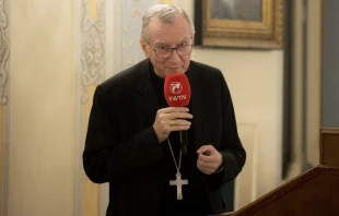 Cardinal Pietro Parolin speaks at an EWTN dinner in Frascati, Italy, Oct. 19, 2022. Daniel Ibáñez / CNA