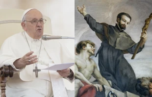 Pope Francis at his general audience on May 17, 2023 (left) and a painting of St. Francis Xavier in the Church of the Gesù in Rome (right). Daniel Ibanez/Creative Commons