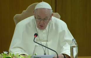 Pope Francis takes part in a moment of reflection for the opening of the synodal path at the Vatican’s New Synod Hall, Oct. 9, 2021. Screenshot from Vatican News YouTube channel.