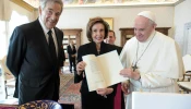 Pope Francis meets with House Speaker Nancy Pelosi at the Vatican on Oct. 9, 2021.