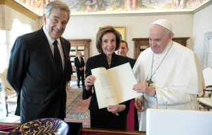 Paul and Nancy Pelosi during their meeting with Pope Francis at the Vatican on Oct. 9, 2021. Vatican Media.