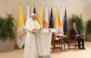 Pope Francis addresses the authorities, civil society, and diplomatic corps at the Presidential Palace in Nicosia, Cyprus, Dec. 2, 2021. Vatican Media.