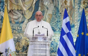 Pope Francis addresses a meeting with authorities, civil society and the diplomatic corps at the Presidential Palace in Athens, Greece, Dec. 3, 2021 Vatican Media.