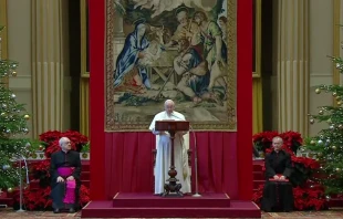 Pope Francis addresses members of the Roman Curia at the Vatican on Dec. 23, 2021. Screenshot from Vatican News YouTube channel.