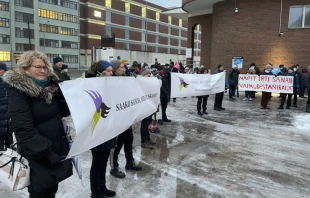 Supporters of Päivi Räsänen Juhana Pohjola outside Helsinki District Court, Finland, on Jan. 24, 2022. ADF International.