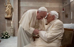 Pope Francis presents new cardinals to Benedict XVI in the chapel of the Vatican’s Mater Ecclesiae Monastery on Nov. 28, 2020. Vatican News.