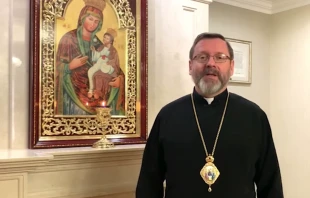 Major Archbishop Sviatoslav Shevchuk records a video message on March 28, 2022. Screenshot from Ukrainian Catholic Archeparchy of Philadellphia YouTube channel.