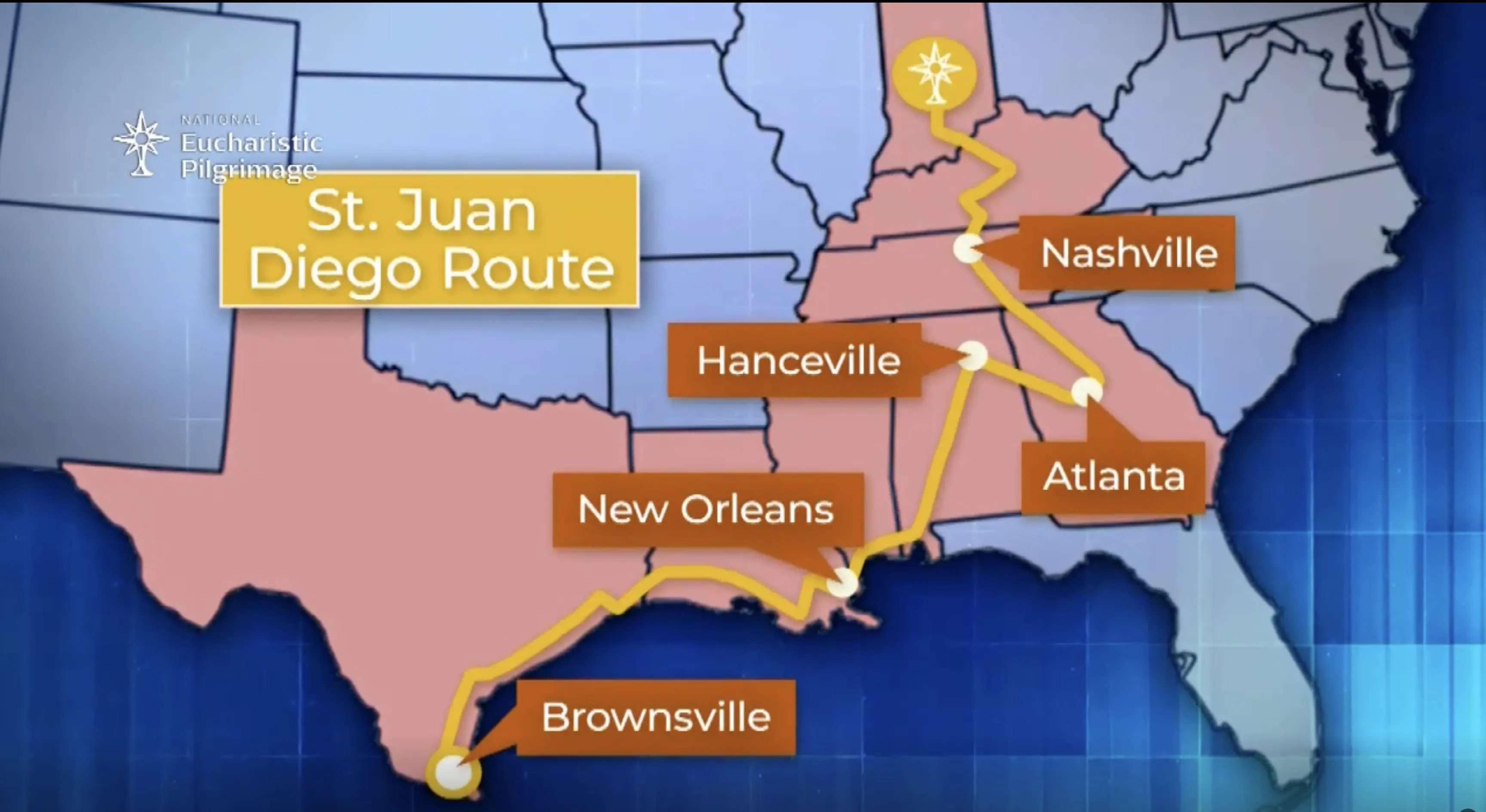 A map of the Juan Diego Route which goes through Texas, Louisiana, Mississippi, Alabama, Georgia, Tennessee, and Kentucky, ending in Indiana.?w=200&h=150