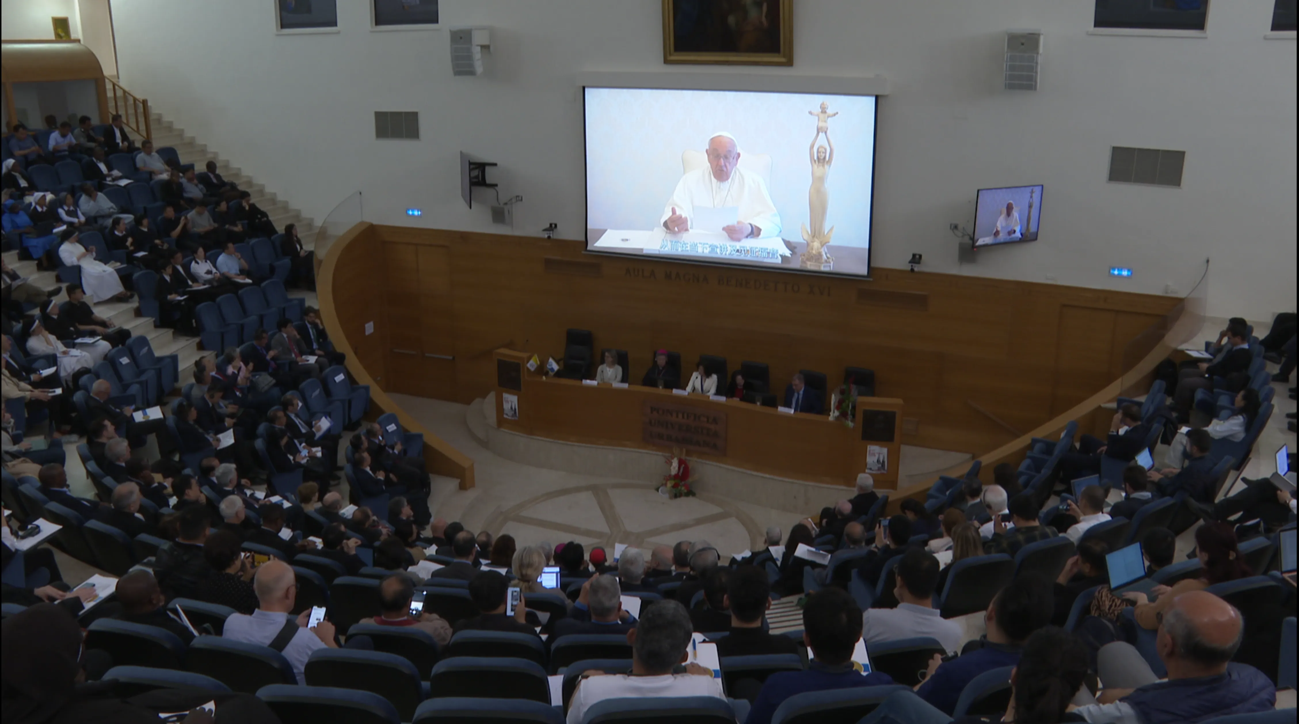 Pope Francis delivers a video message to the conference “100 Years Since the ‘Concilium Sinense’” at the Pontifical Urban University in Rome on Tuesday, May 21, 2024.?w=200&h=150