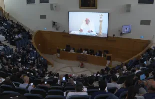 Pope Francis delivers a video message to the conference “100 Years Since the ‘Concilium Sinense’” at the Pontifical Urban University in Rome on Tuesday, May 21, 2024. Credit: Fabio Gonnella/EWTN