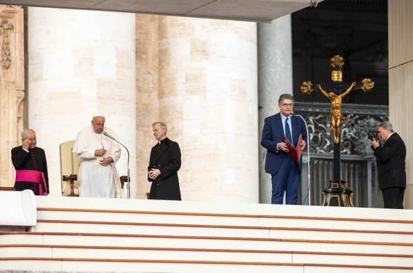 The pope addresses the crowd at the general audience at the Vatican on Wednesday, Oct. 16, 2024. Credit: Daniel Ibáñez/CNA