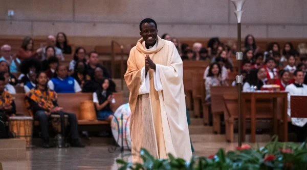 Father Frederick Byaruhanga preaches at the Archdiocese of Los Angeles' annual Missionary Childhood Association Mass at the Cathedral of Our Lady of the Angels on Oct. 16, 2024. Credit: Archdiocese of Los Angeles